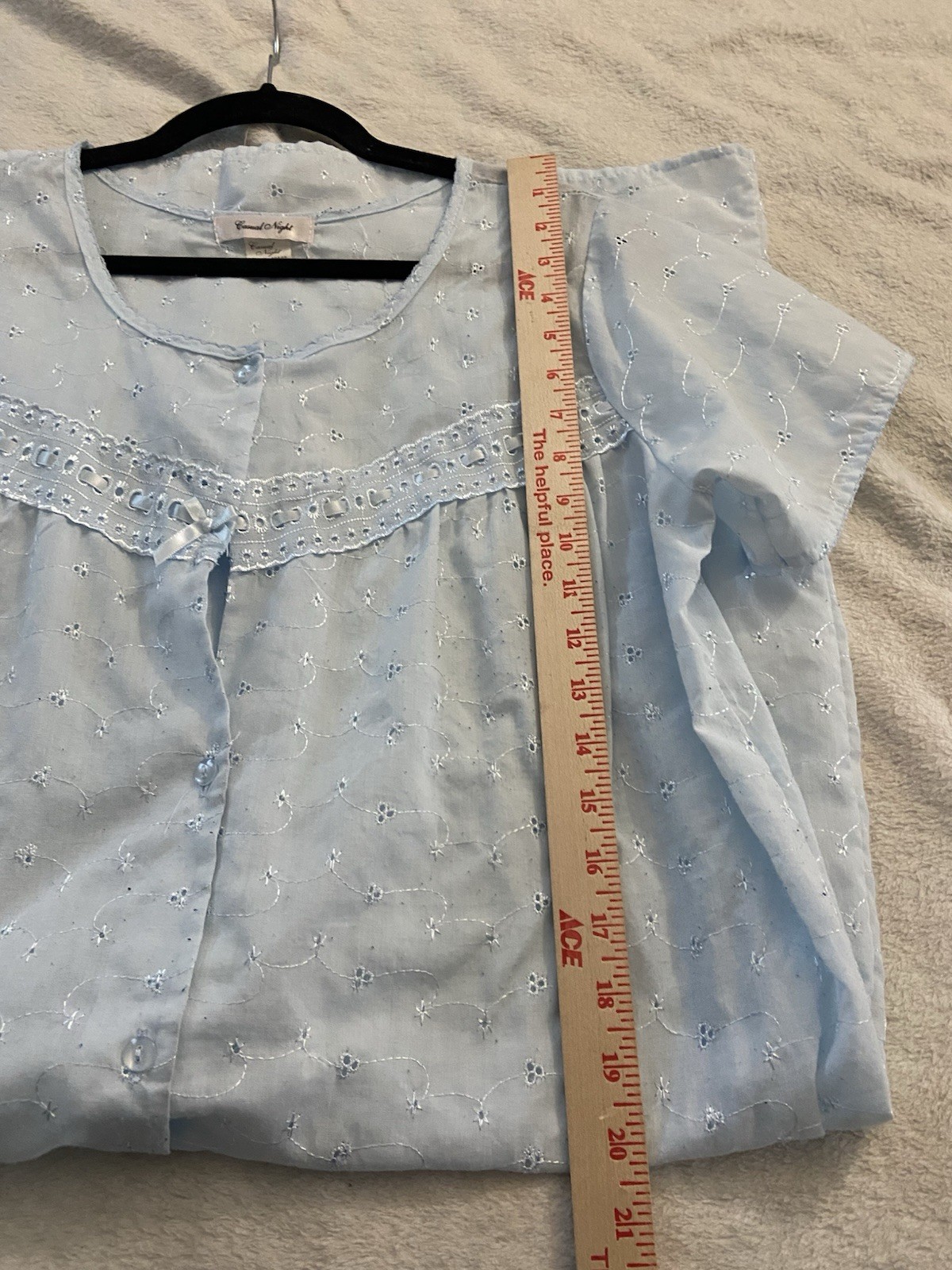 Casual Night Vintage Nightgown M Blue Eyelet Cottagecore Button Short Sleeve 41”