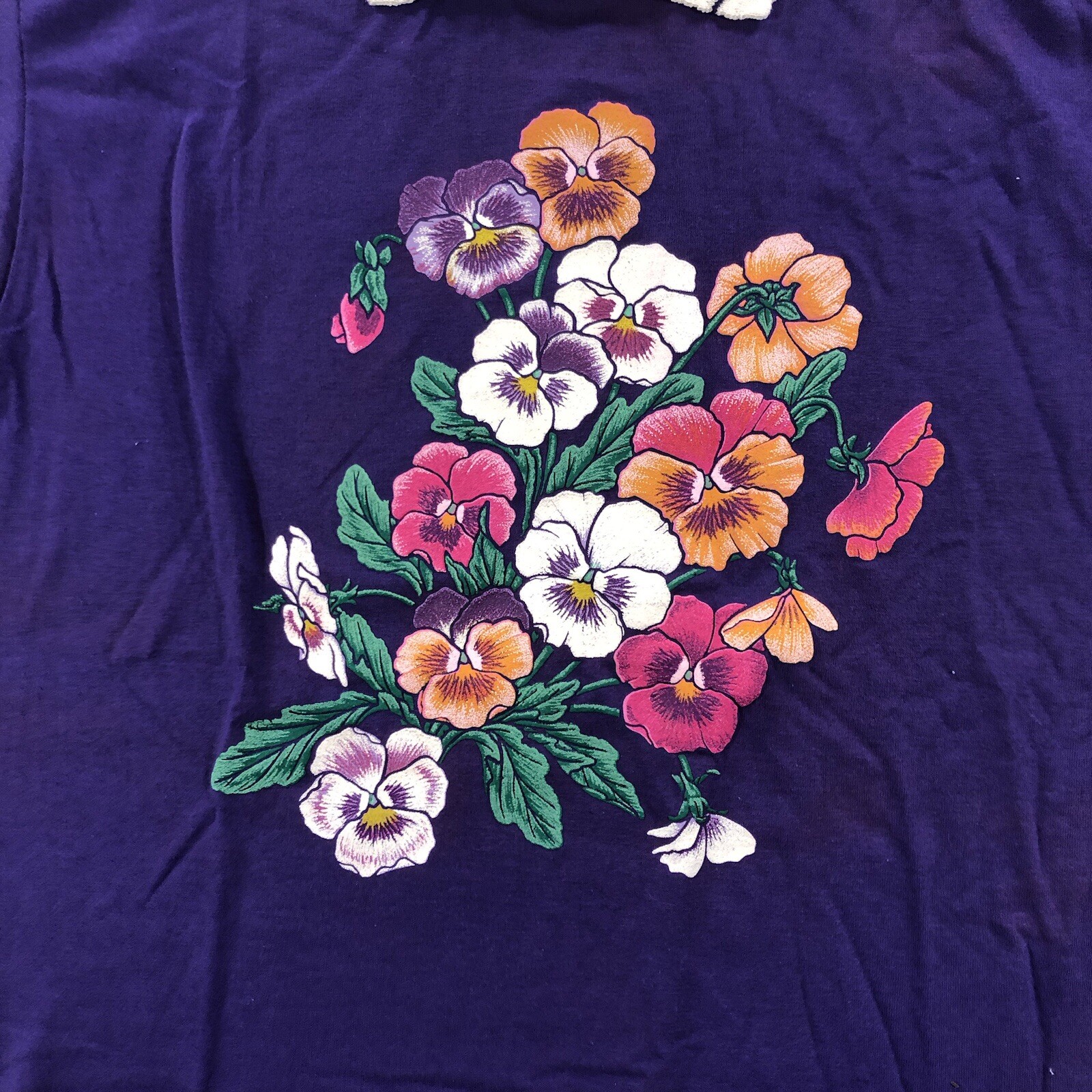 vtg Cracker Barrel T Shirt Women’s M Purple Lace Collar Pansies Flower Single