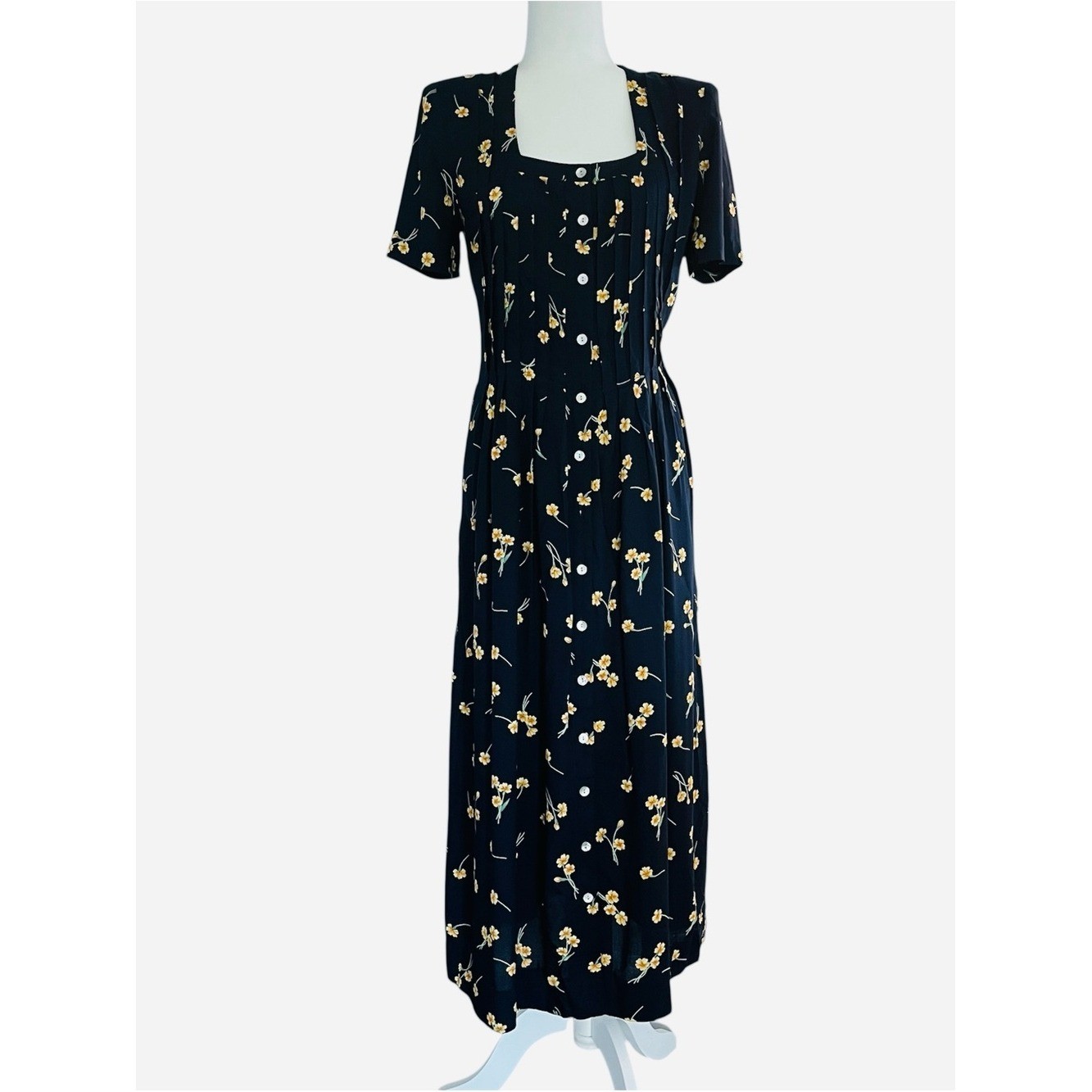 Jessica Howard Navy Maxi Dress Yellow Floral mother pearl buttons Vintage Sz 8