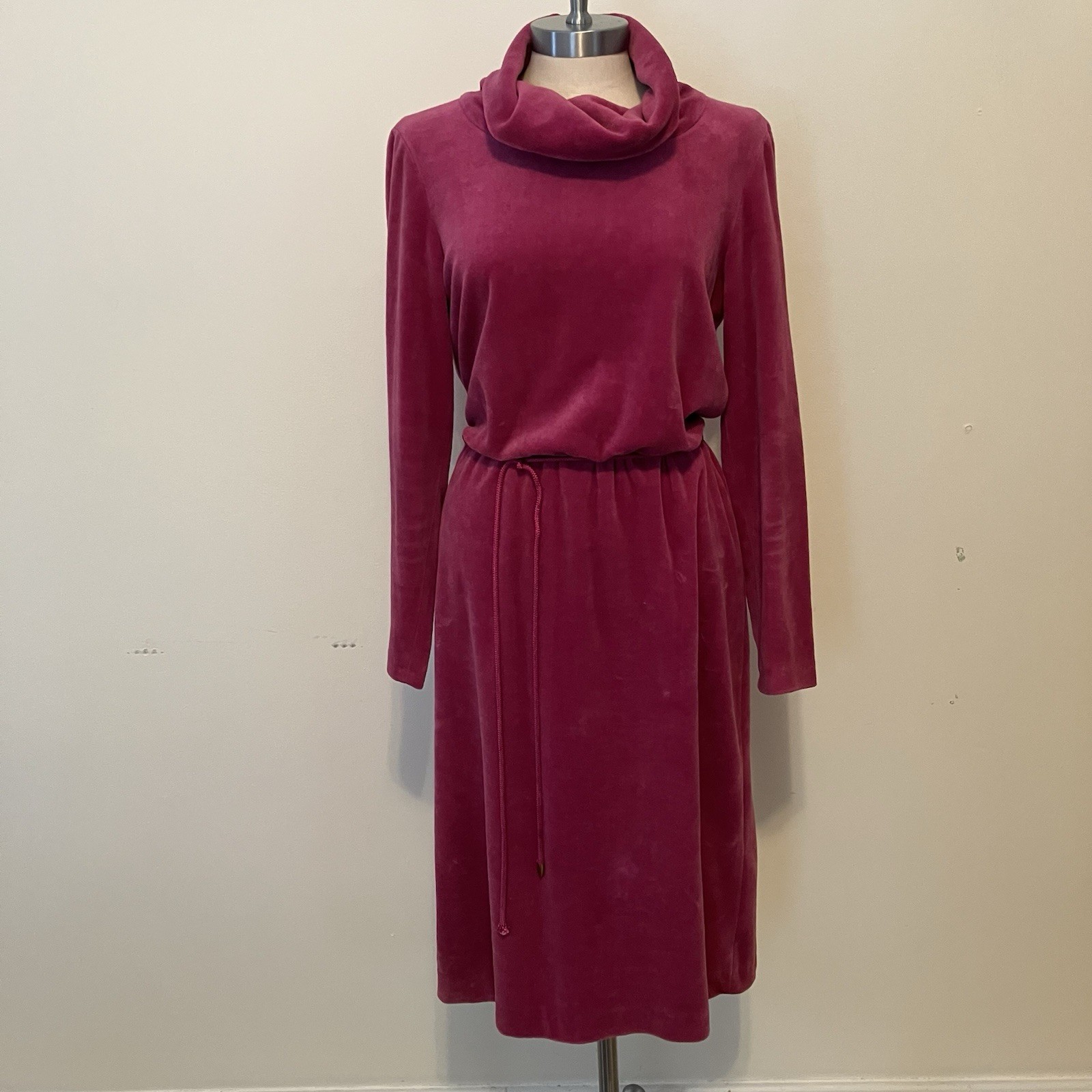 VTG Women’s Midi Pink Velour Midi Dress Funnel Neck 80s Working Girl Office