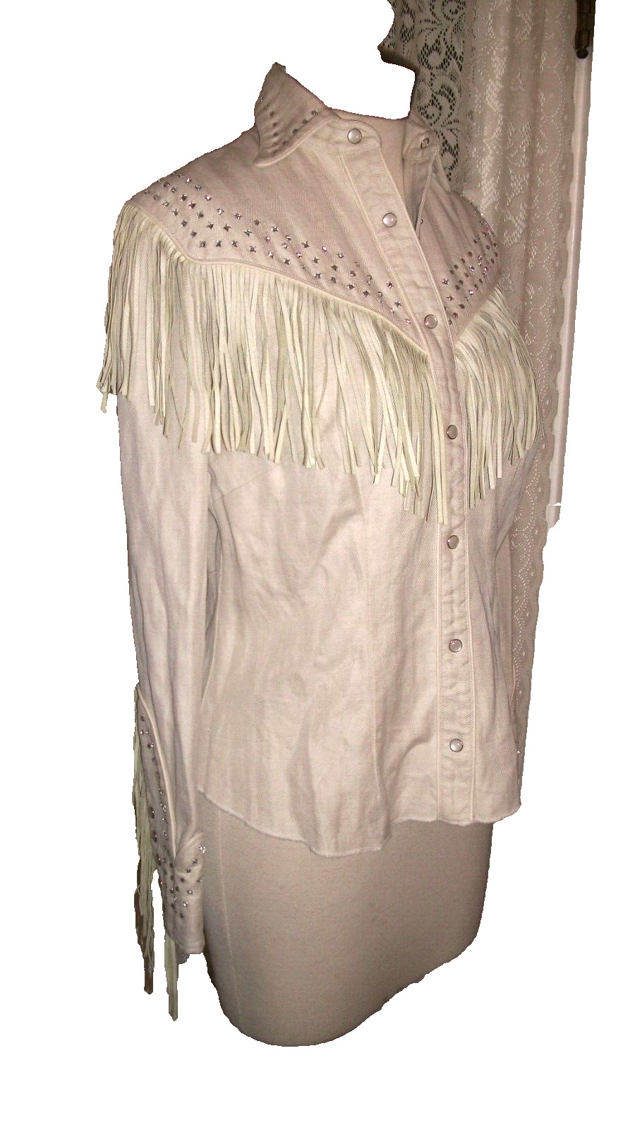 VINTAGE WOMEN CUSTOM RAYON GAB WESTERN SHIRT LEATHER FRINGE & RHINESTONES M 36B