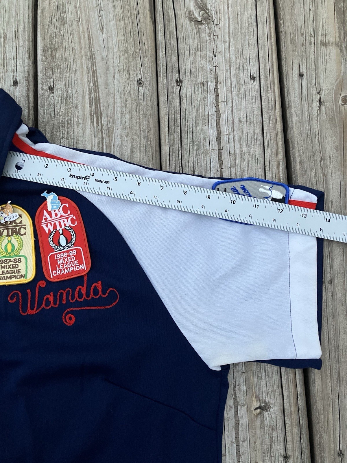 Vtg Bowling Shirt Womens Rockabilly Red White Blue Chain Stitch Pins Patches