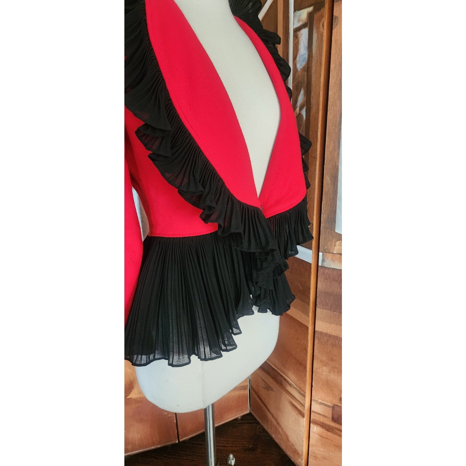 Vintage 1980s Jean Muir Jacket Red Black Ruffle Trim Evening Blazer with Peplum