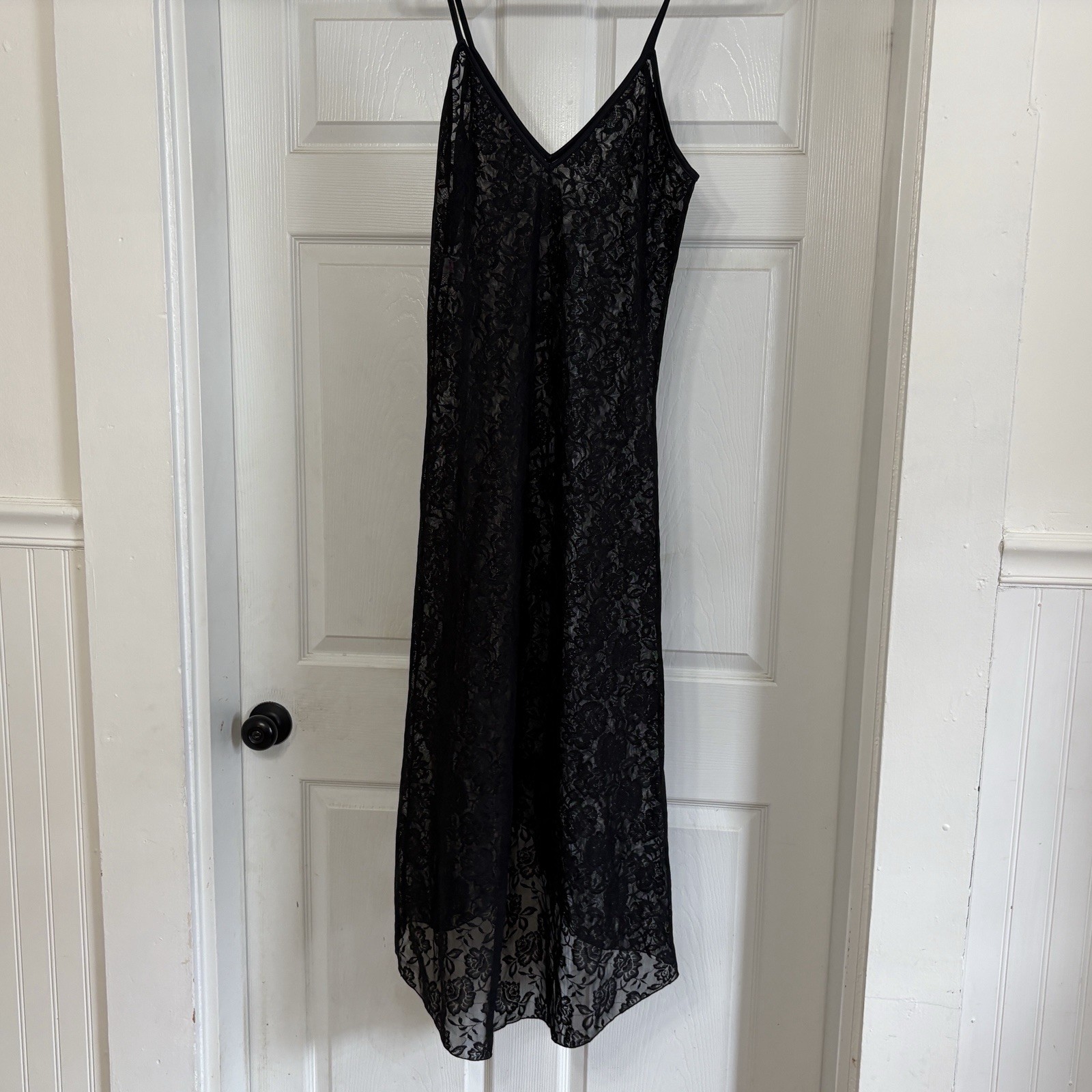 Vtg Elegant Moments Lace Slip Dress L Black Floral High-Low Witchy Whimsigoth