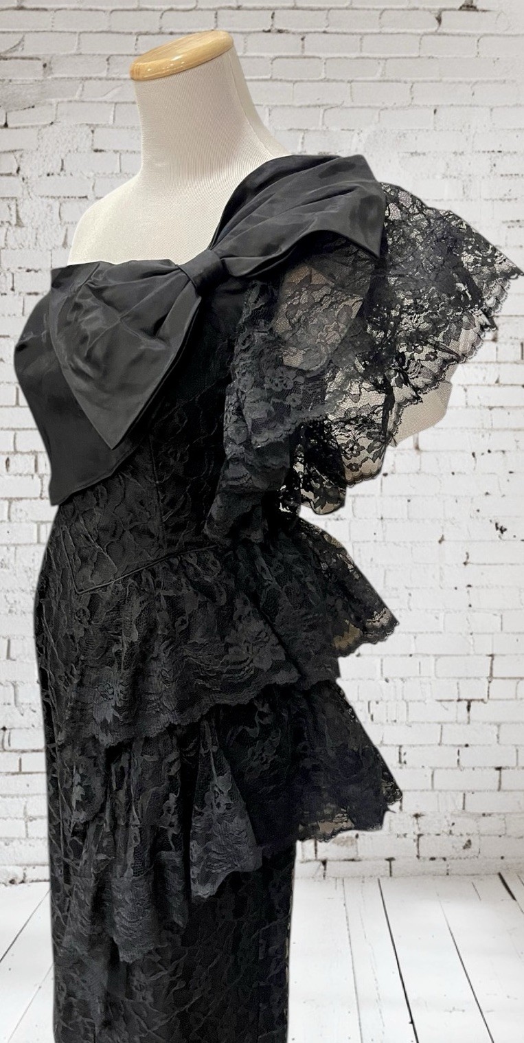 Vtg Climax Karen Okada David Howard Lace Black One Shoulder Bow Party Prom 3/4