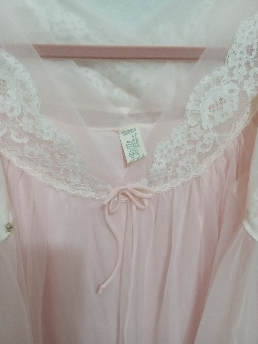 Vintage Ballet Pink Sheer Piegnoir Set Nightgown Robe Lace Trim Medium 1960s