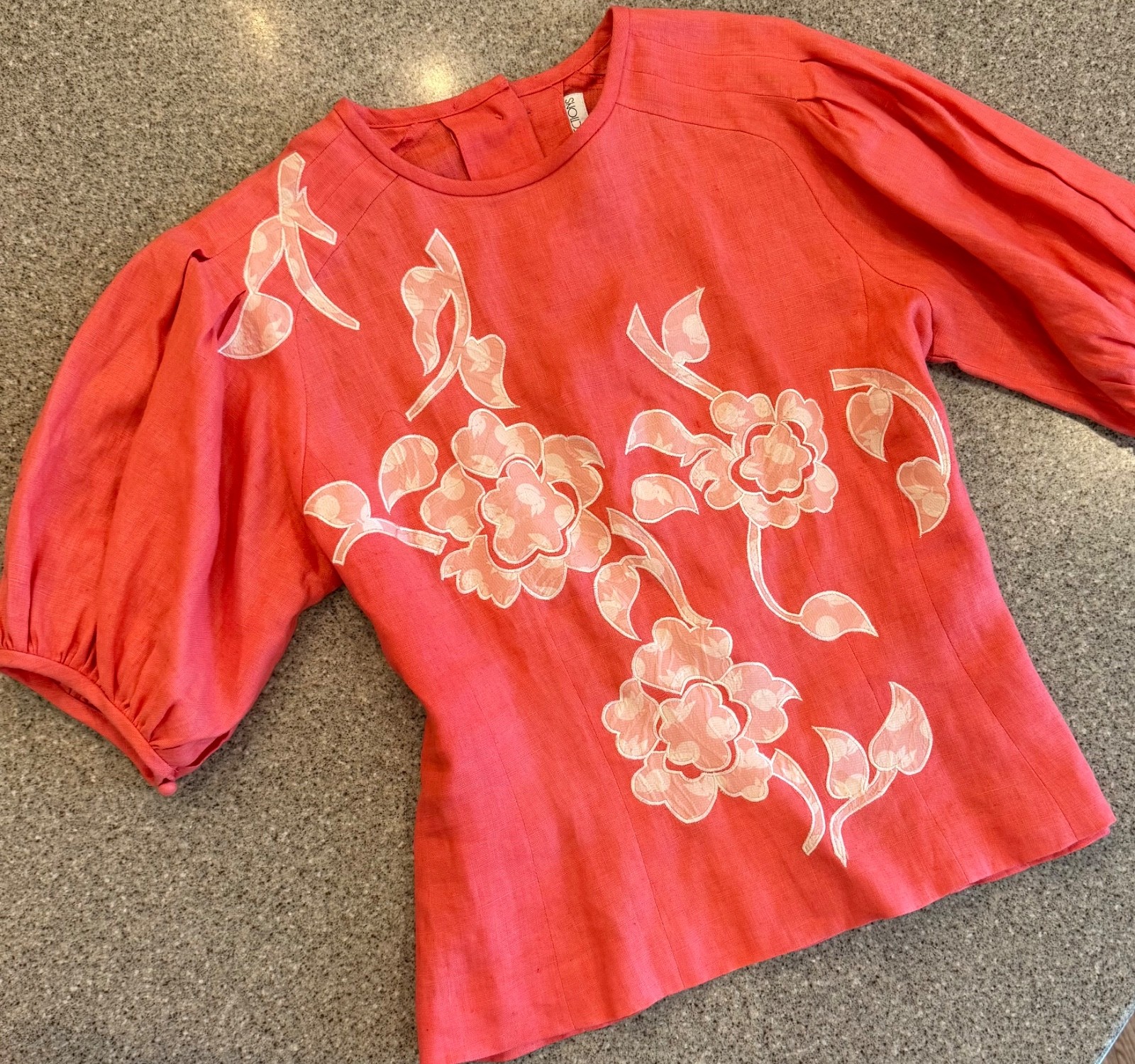 Vtg ANNE CRIMMINS UMI Collections Coral Linen Applique Puff Sleeve Top Sz 4