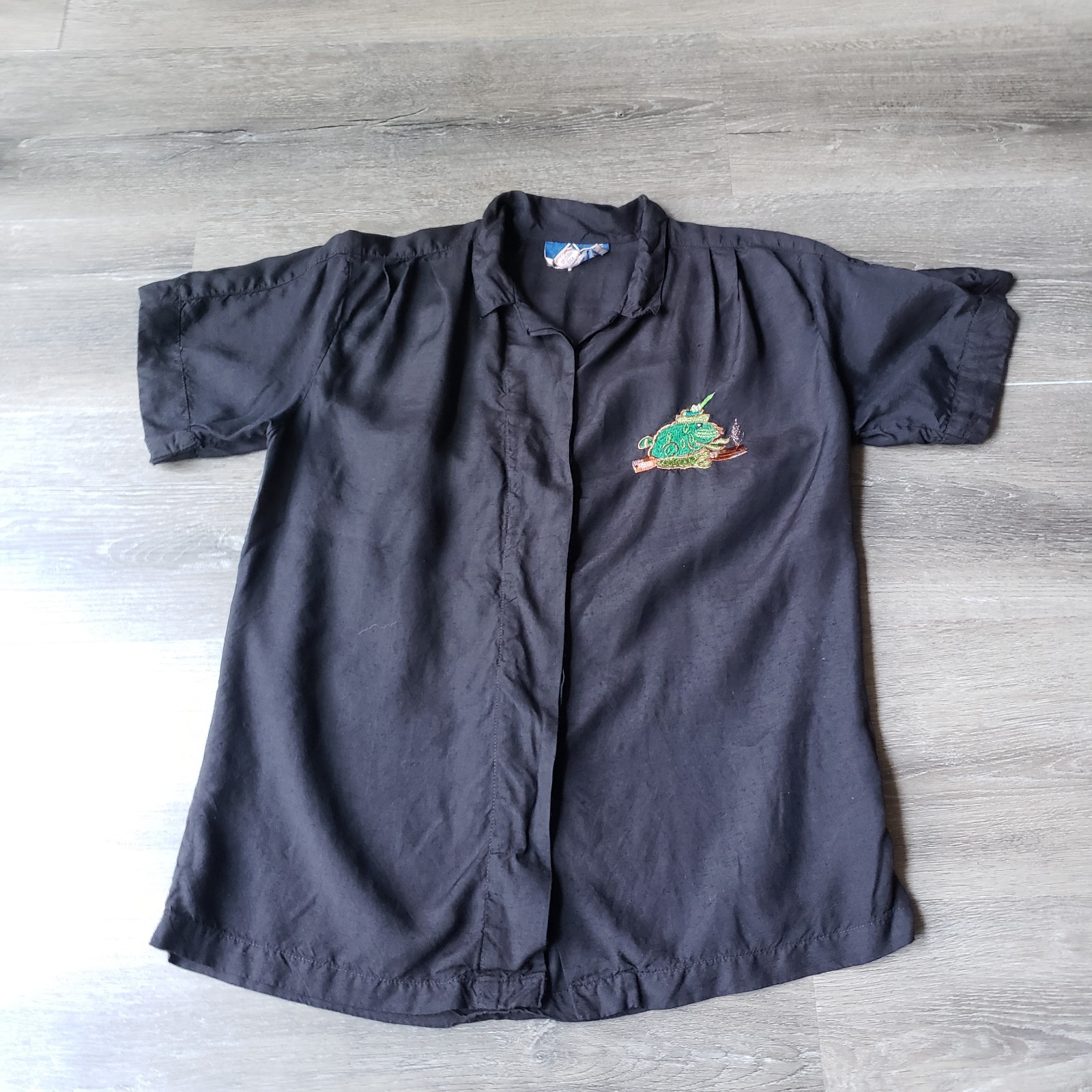 VTG 40s/50s Armel Black Button Front Top Shirt Sz M/L Rockabilly Embroidery Frog