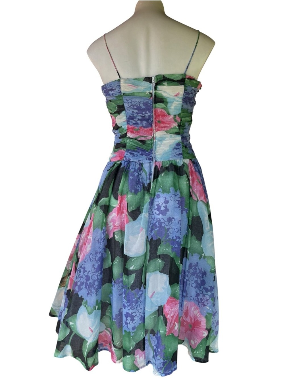Vintage 80s Floral Chiffon Dress Open Back Fit Flare Party Prom 6 Small