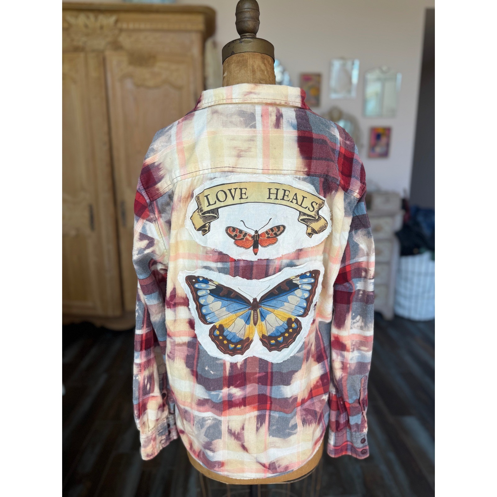 Upcycled Butterfly Flannel Shirt Large Bleach Dyed Love Heals Cotton