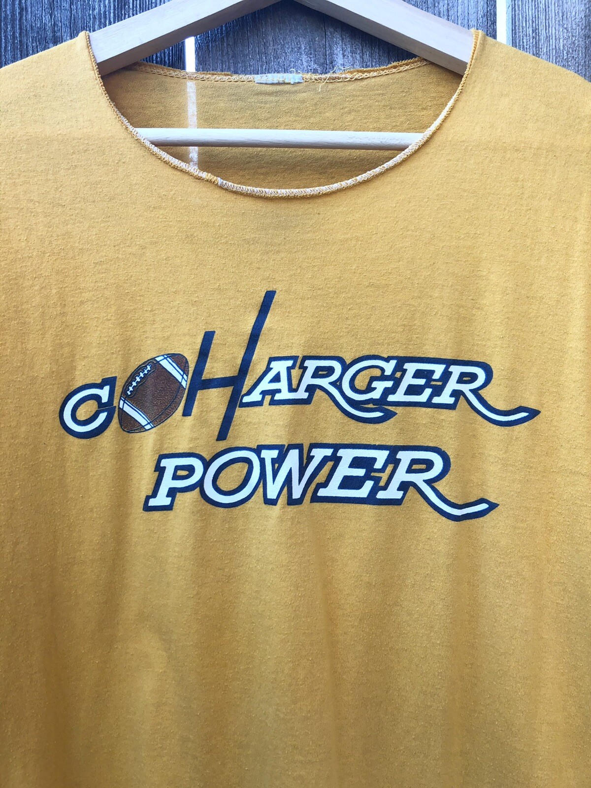 VTG 80s NFL San Diego Chargers Power T Shirt Large ￼single stitch Missing collar