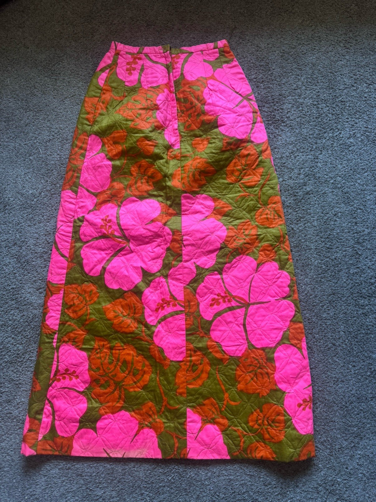 Vtg 60s 70s Phil Rose of California Quilted Maxi Skirt Pink Hibiscus Tiki Retro