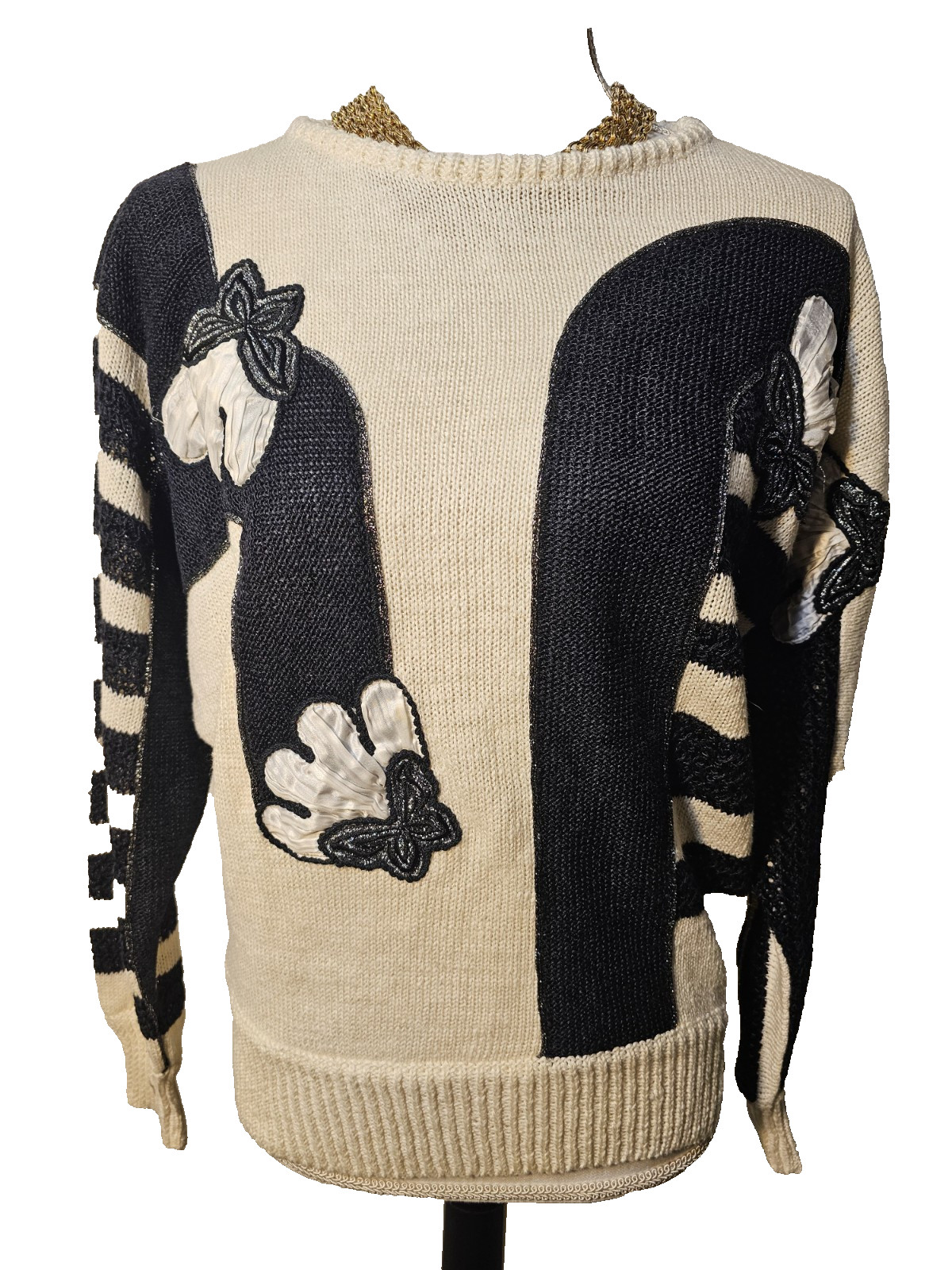 Vintage Dino Valiano Womens Italian Knit Sweater Cream Black Linen Blend Size M