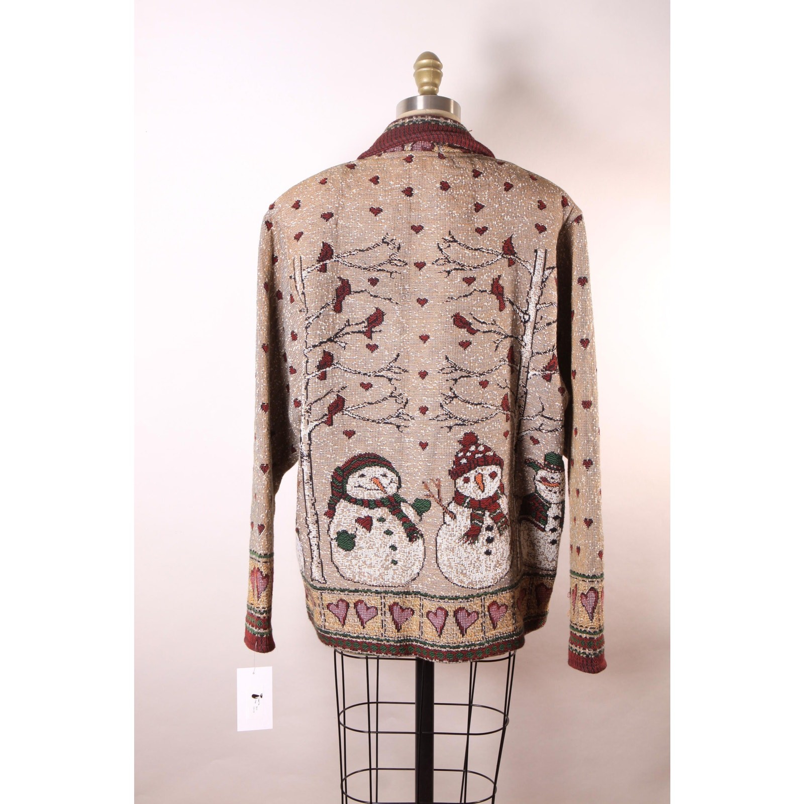 1980s 1990s Tan, Red and Green Novelty Tapestry Snowman Jacket by Painted Pony