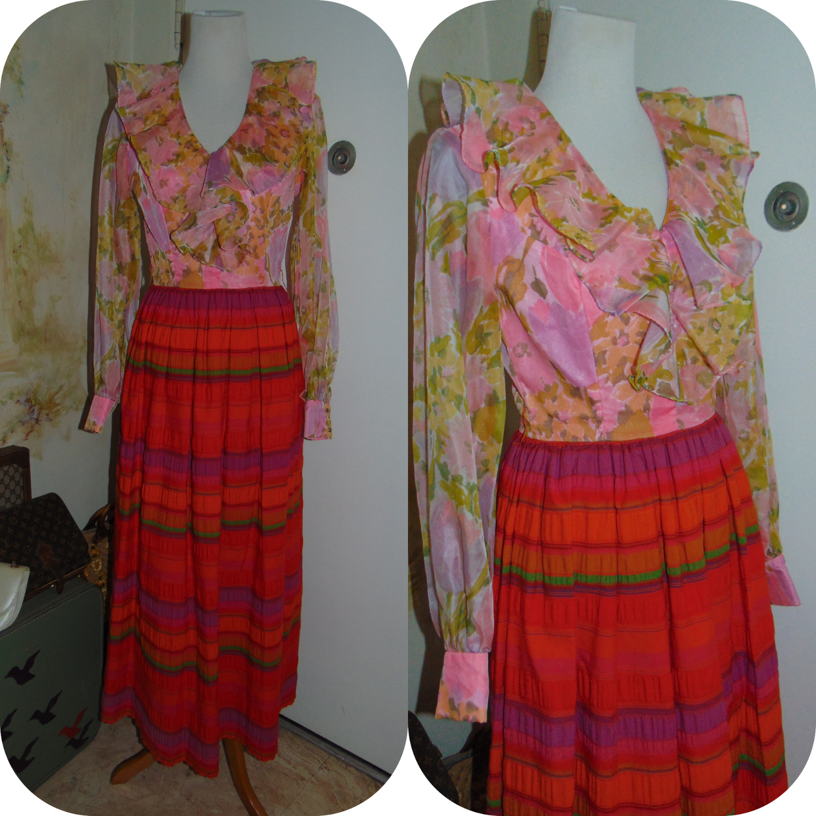 1960’s 70s LIPMANS Pink Orange Red Green Floral Dress Ruffled V Neck Maxi Womens