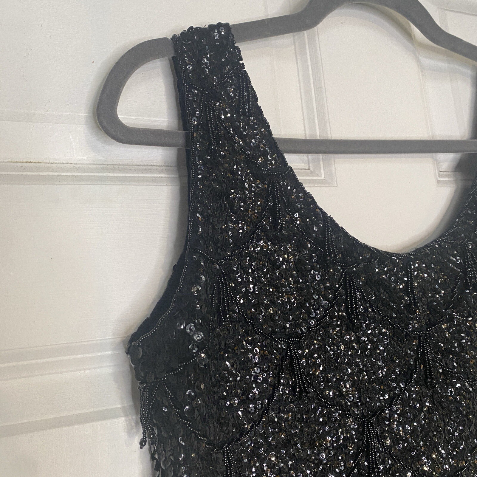 Vintage Black Beaded Round Neck Full Zip Tank Top Wool Made in Hong Kong Large
