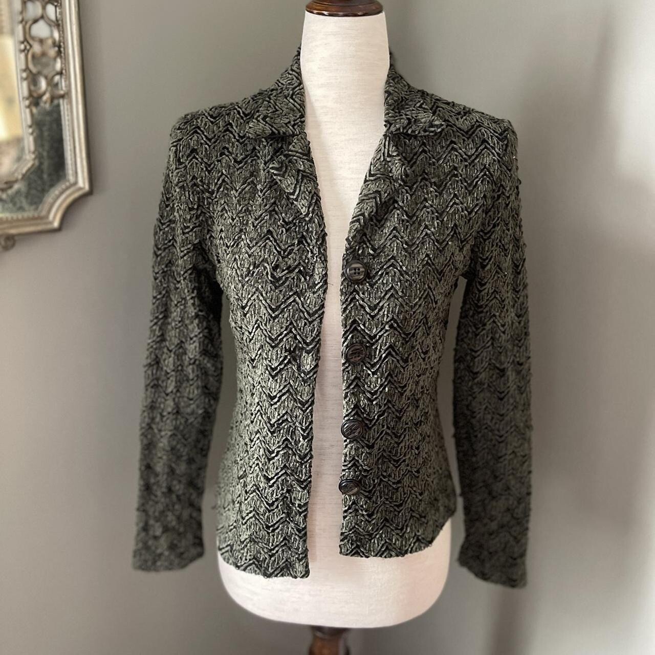 Vintage 80s Button Up Shoulder Pad Green Black Bouclé Cardigan Jacket M Chenile