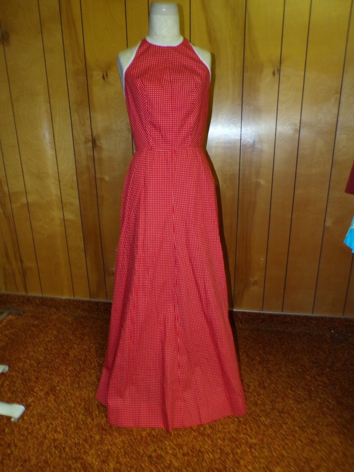 Vintage Red w/ White Polka Dots Halter Maxi Dress Handmade 25″ Waist