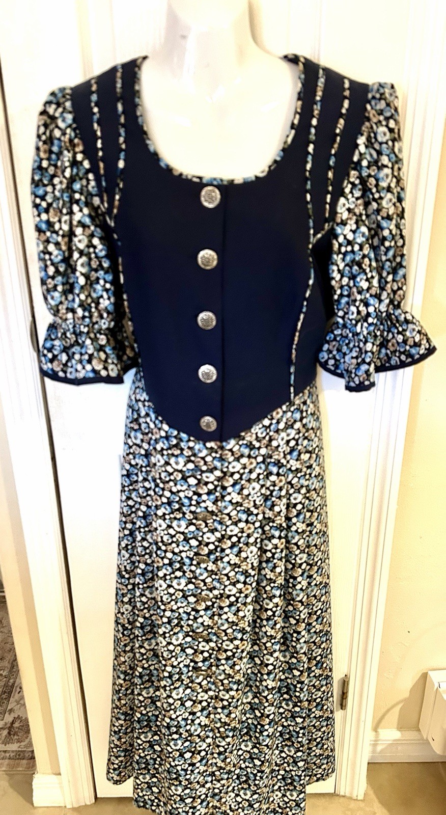 Women’s Austrian Vintage Drindl Octoberfest Maxi Dress Blue Sz 42 L
