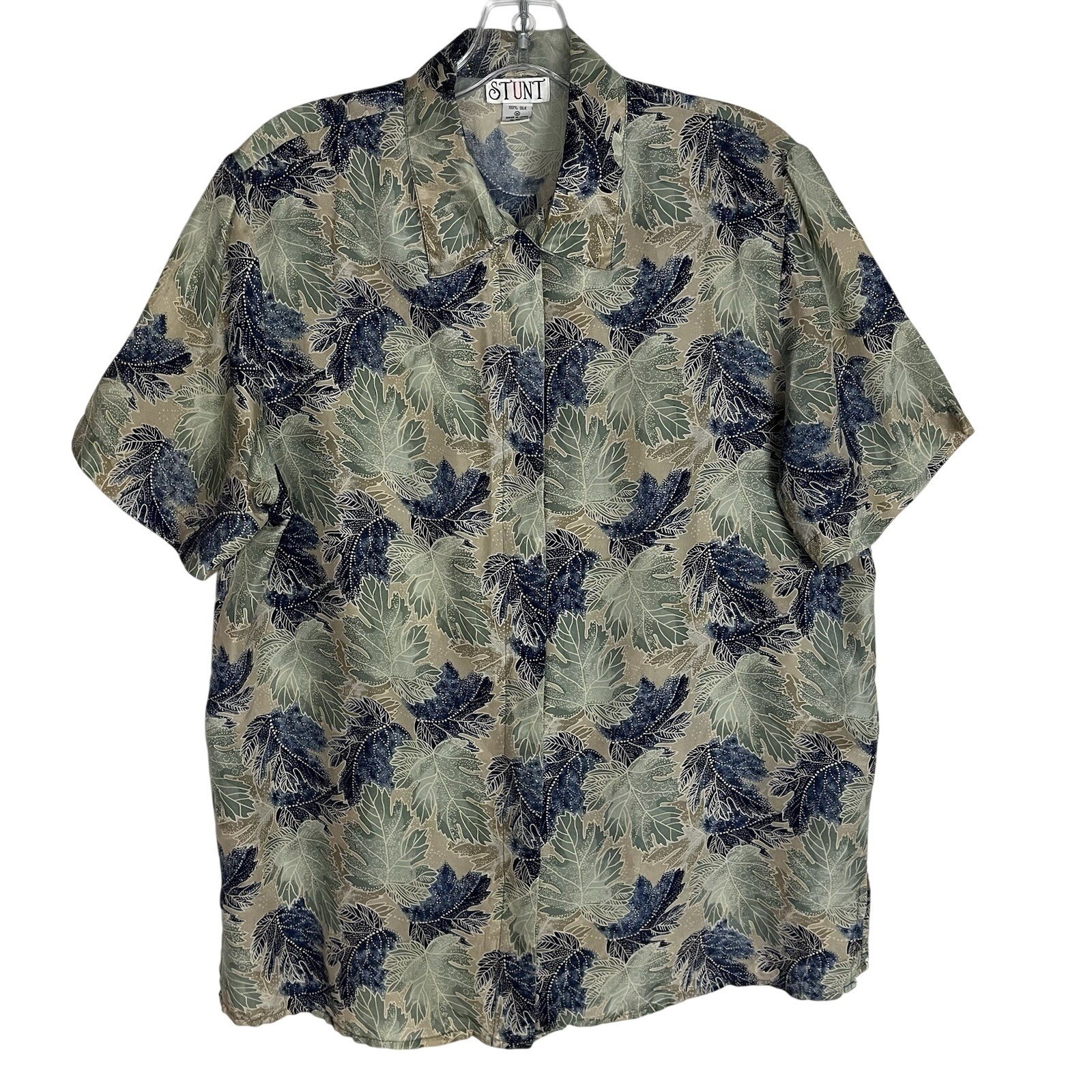 Stunt Vintage 90’s Women’s M Silk Retro Button Down Blue Leaf Print Shirt