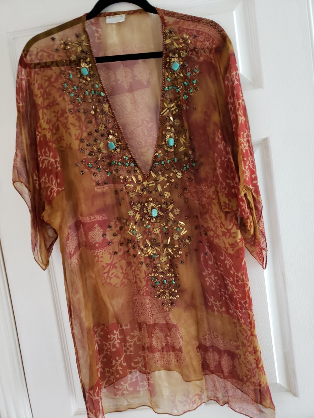 Vintage Turquoise Beaded Sheer Floral Long Blouse Boho Cover up wear over L