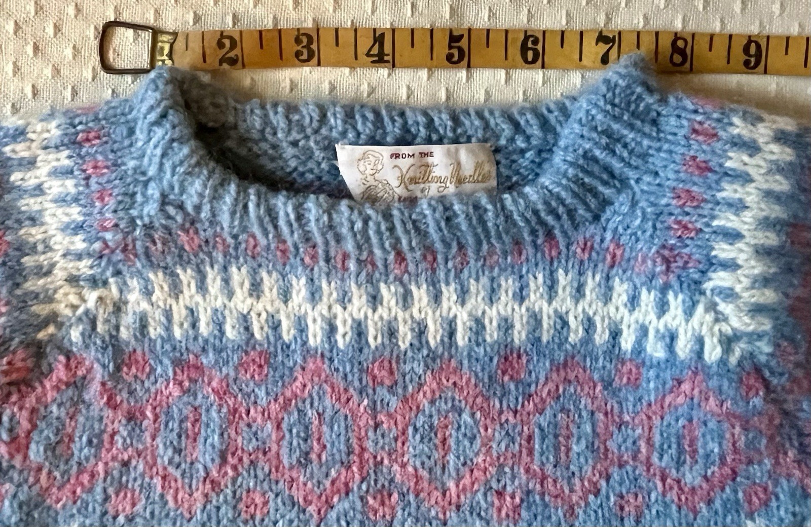 Vintage Hand Knitted Wool Pullover Sweater Woman’s Small Blue With Pink & White