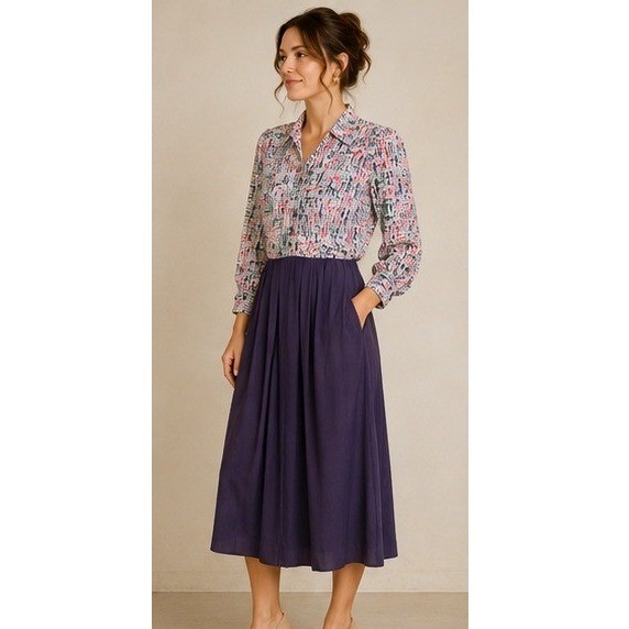 Vintage Handmade Abstract Mixed Media Midi Shirt Dress Pleated Pockets L/XL