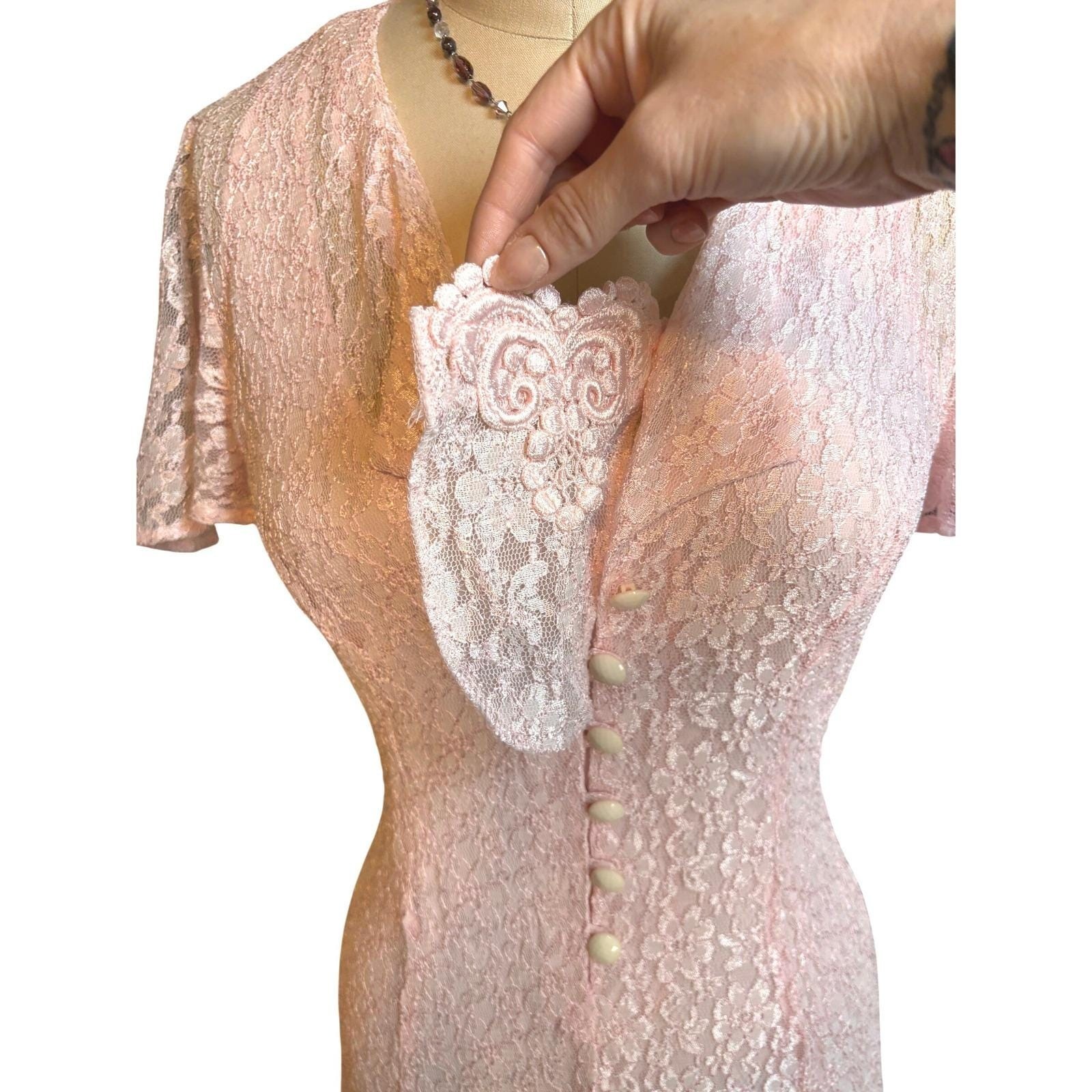 90s Dawn Joy Fashions Lace Midi Romantic Dress Womens 6 Pink Vintage Corset Back