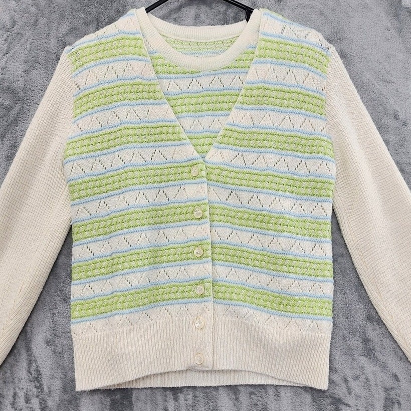 Vintage Sweater Womens XS Cream Green Blue Striped Pointelle Cardigan Twin Set