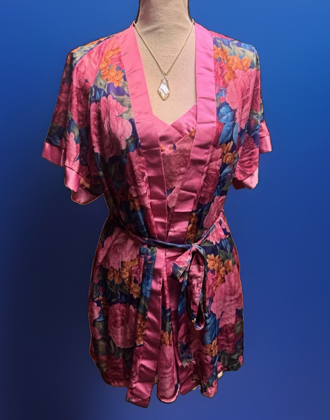 VTG Feather Bed Intimates Set Short Sleeve Floral Dressing Robe & Slip Dress S/M