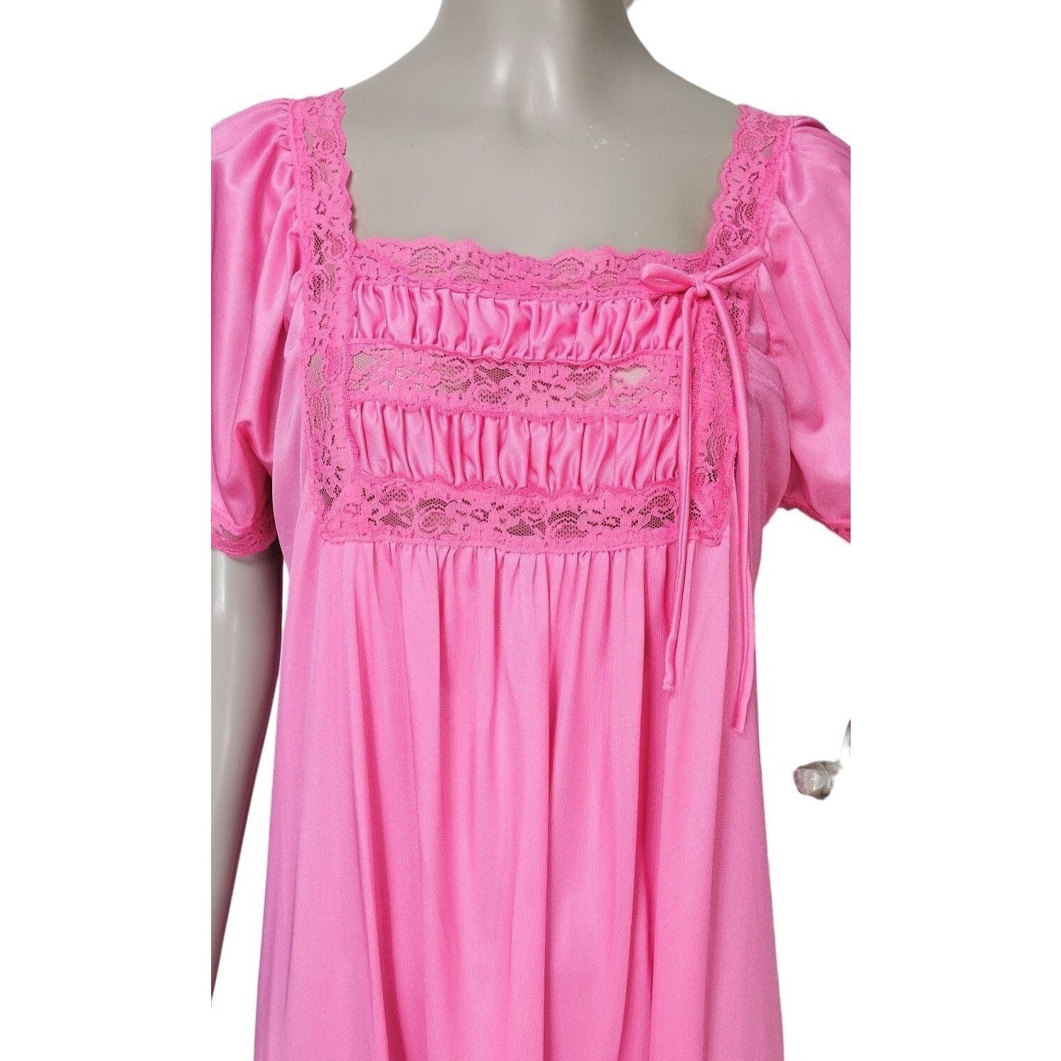 Rikki New York 70s Vintage Pink Nylon Smocked Lace Trim Sweeping Nightgown