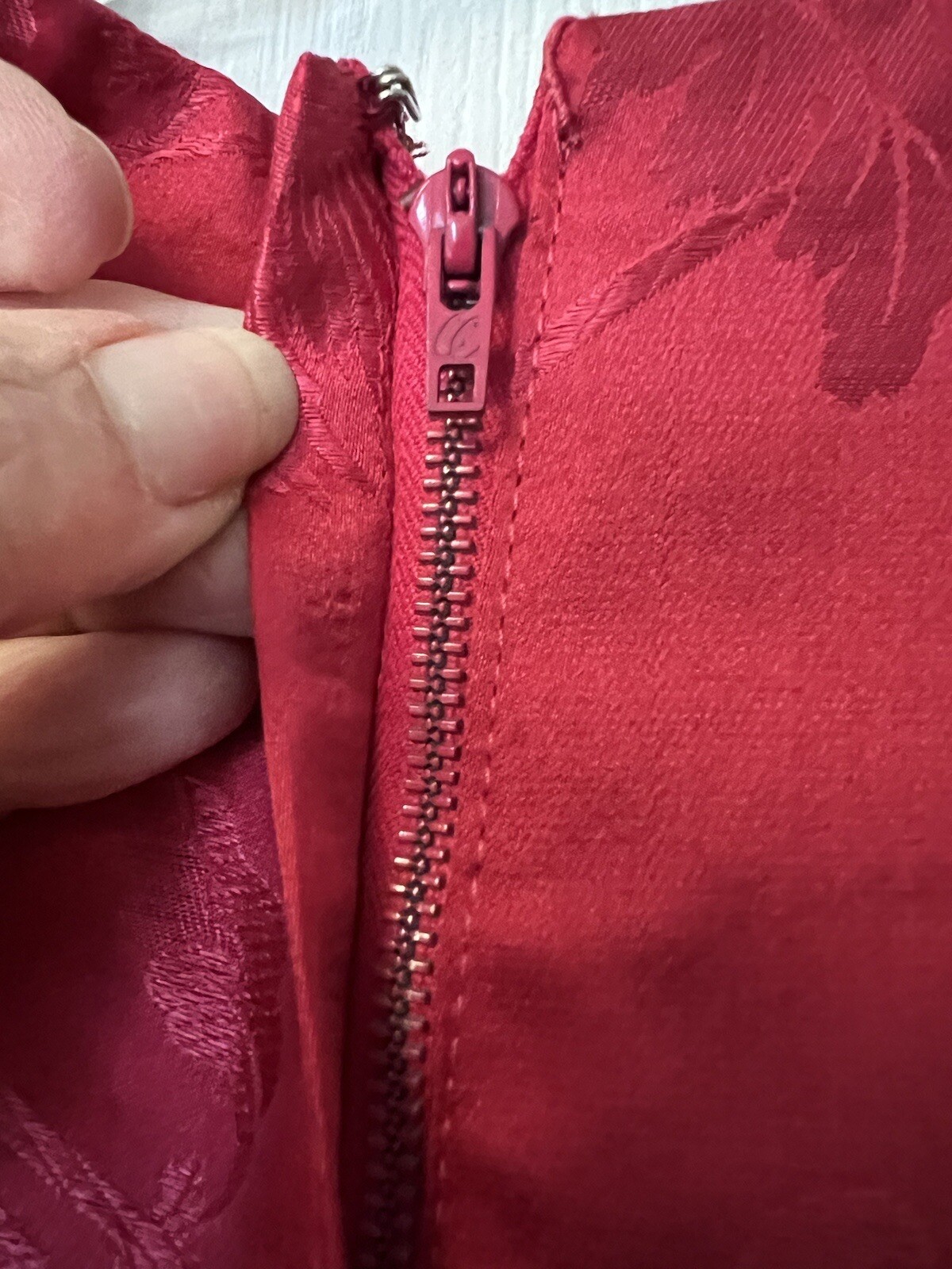 Vintage 50’s Dress Sz S Red Satin Sleeveless Tapestry Belted Cocktail Dress