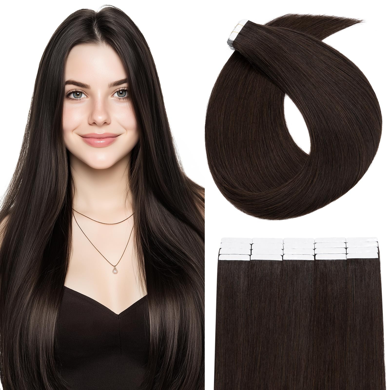 SEGOHAIR Double-Sided Tape-In Hair Extensions Human Hair 20pcs 18″ Natural Brown