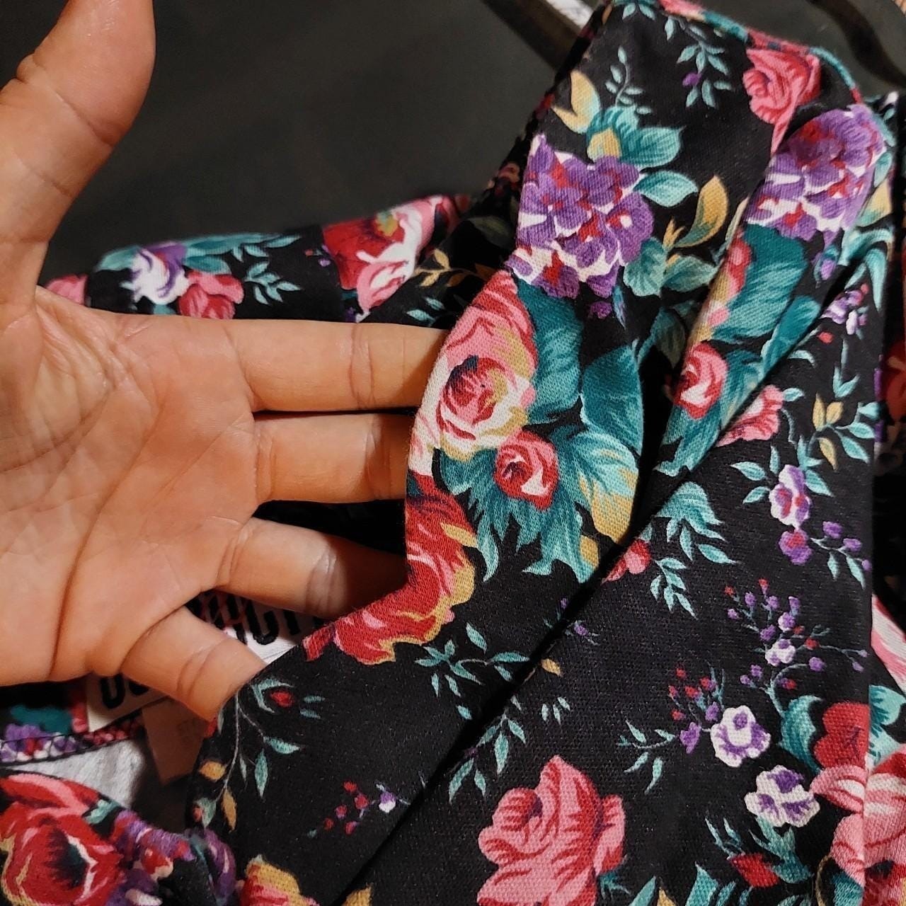 Vintage black, pink, and green floral dress with buttons and scalloped collar