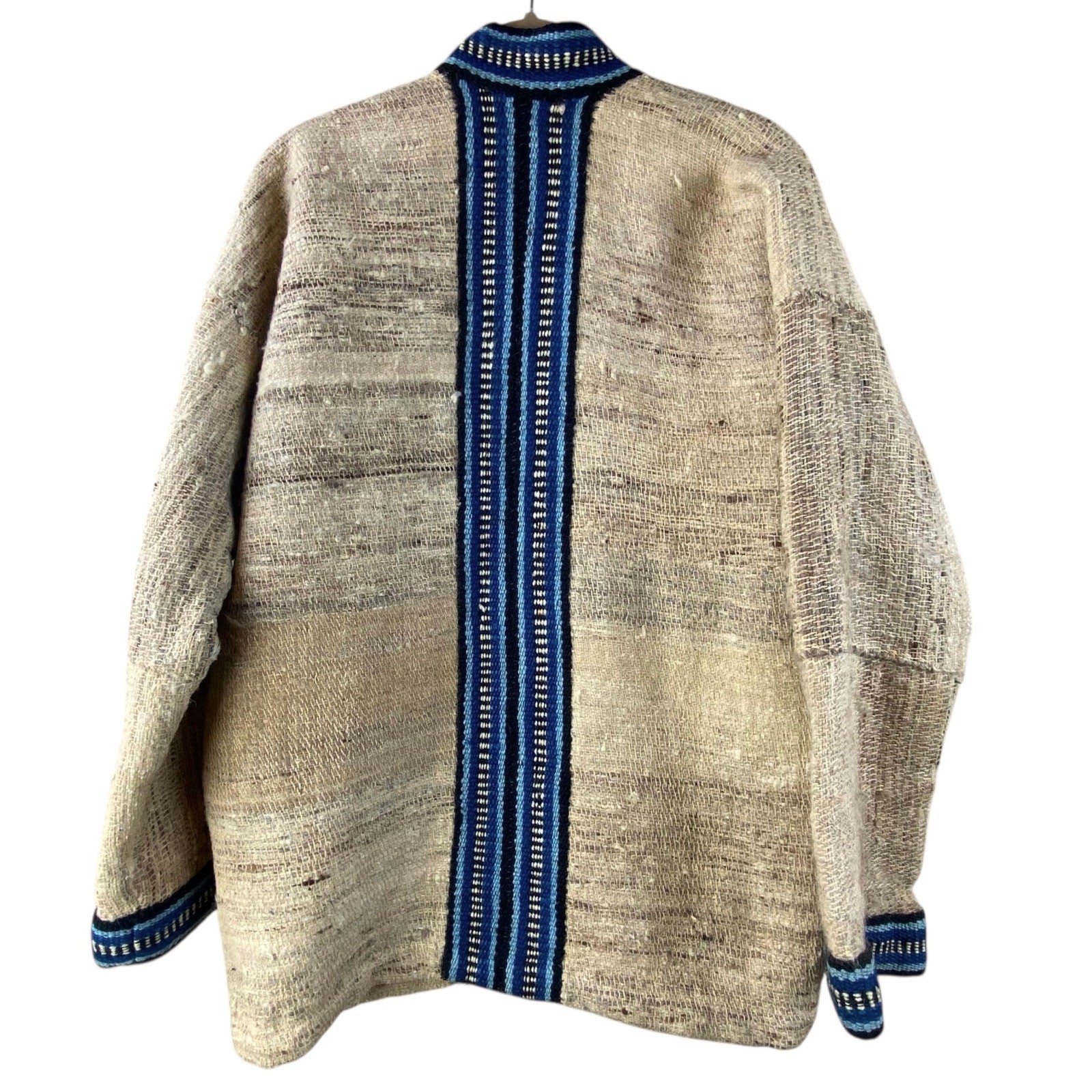 Hand Woven Wool Jacket Size L Cream Blue Artisan Boho