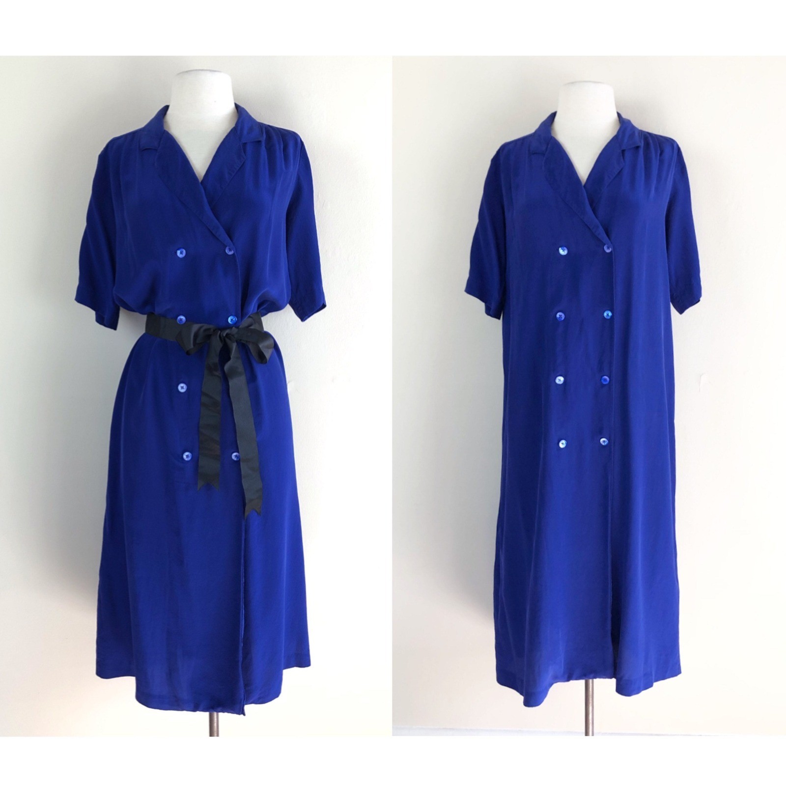 vintage 90s cobalt blue silk shirt dress midi double breasted minimalist
