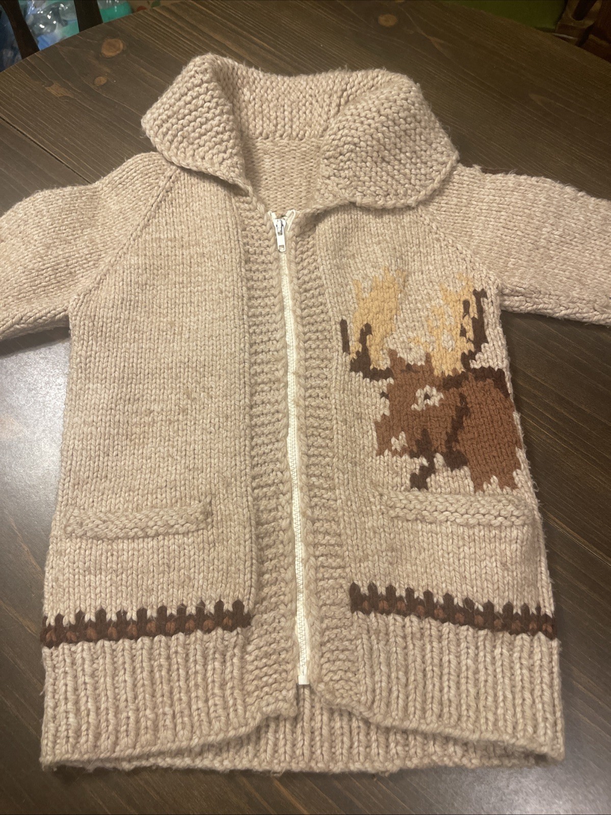 Cowichan Sweater Moose Wild life 40s/50sHand Knit Shawl Cardigan Vintage XSmall