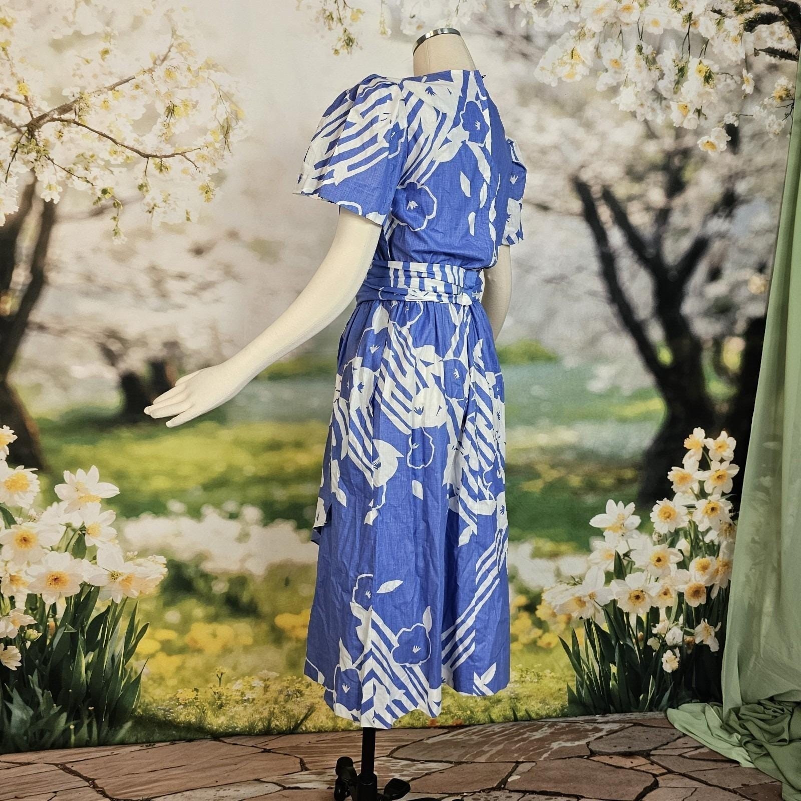 Vintage Faux Wrap Style Dress Sky Blue White Floral Print Fluttery Sleeves Gown