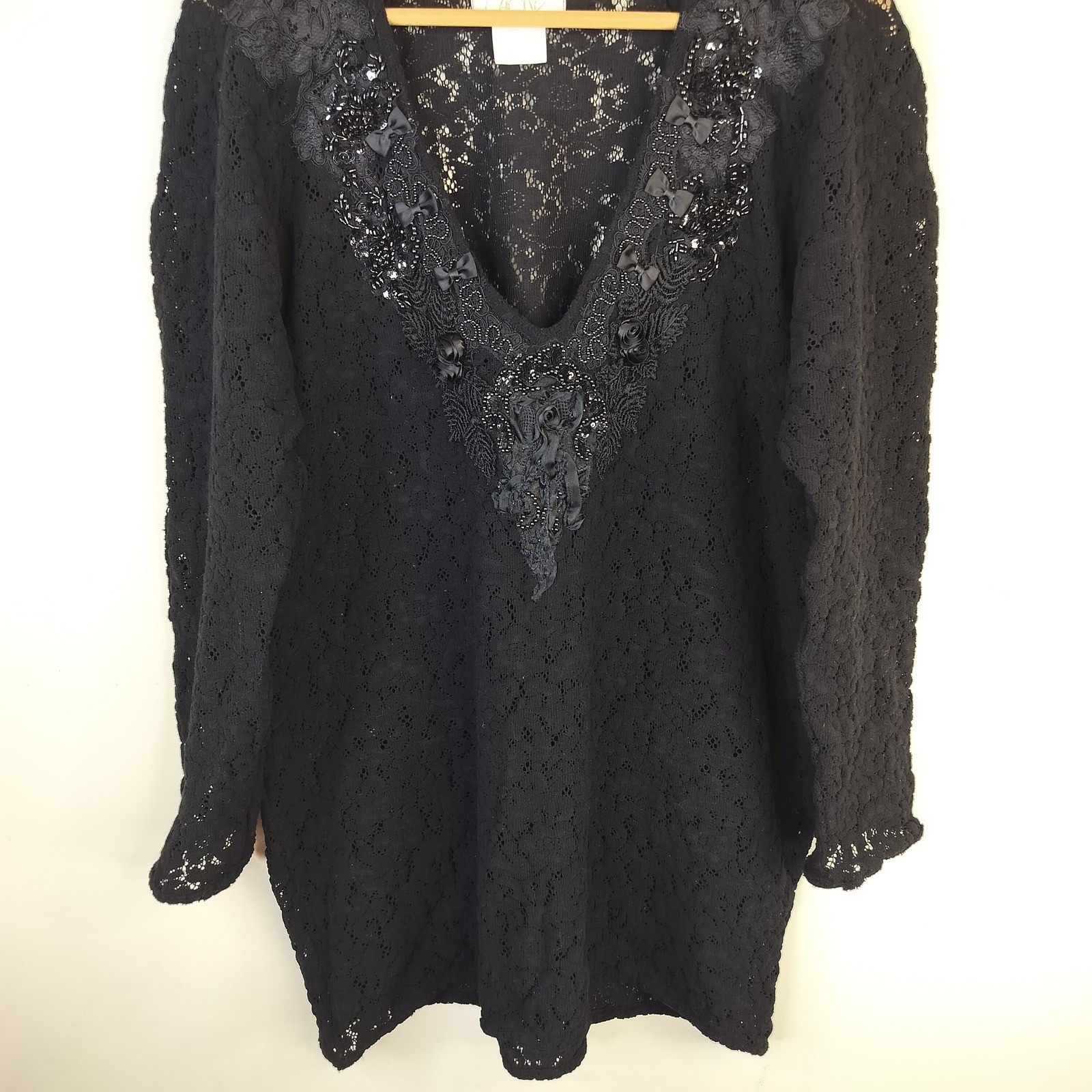 Cache Lace Tunic Top Womens One Size Beaded Sequin Bows Vintage Coquette Black