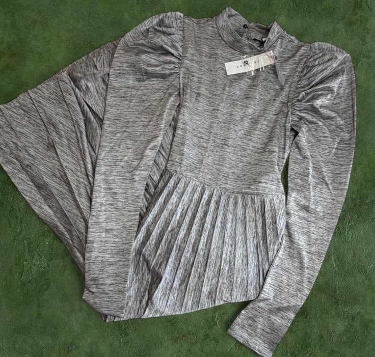 Topshop Gray Heather Mock Neck Puff Sleeve Pleated A-Line Maxi Dress 2