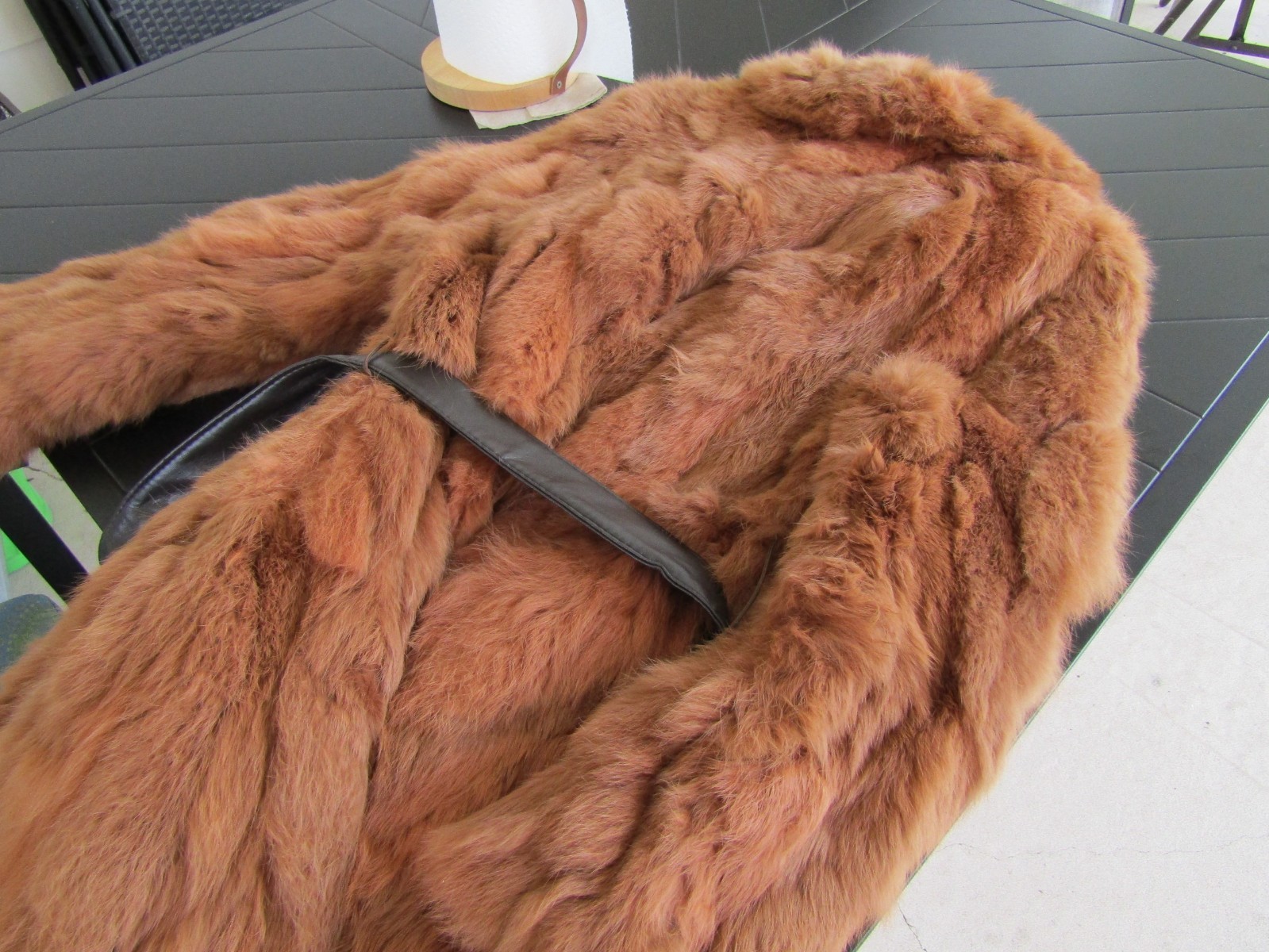 Vintage KAMAL Long Brown Rabbit Fur Wrap Ladies Satin Lined Belted Coat – Medium