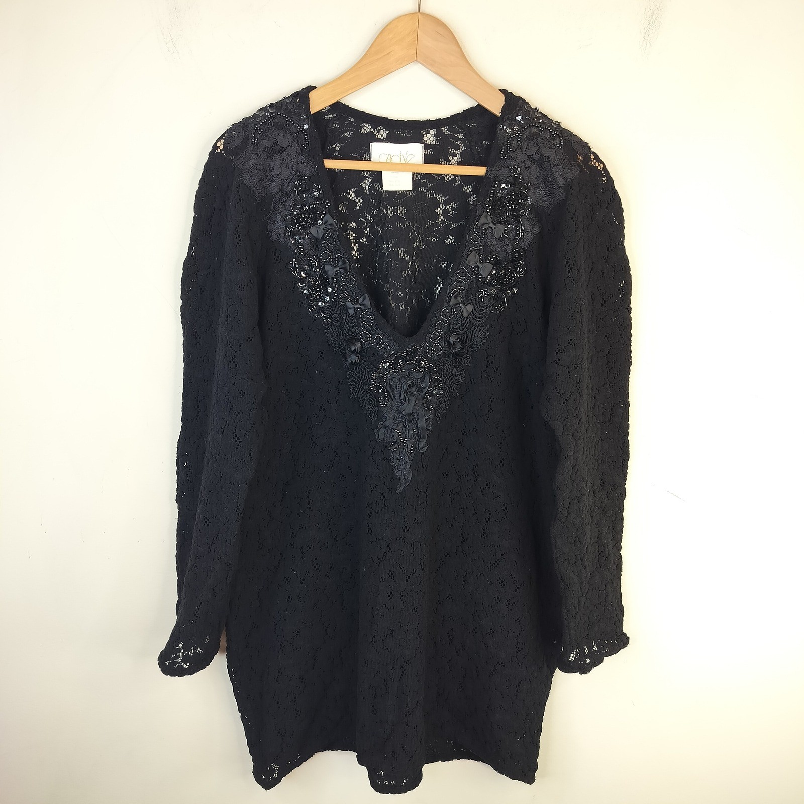 Cache Lace Tunic Top Womens One Size Beaded Sequin Bows Vintage Coquette Black