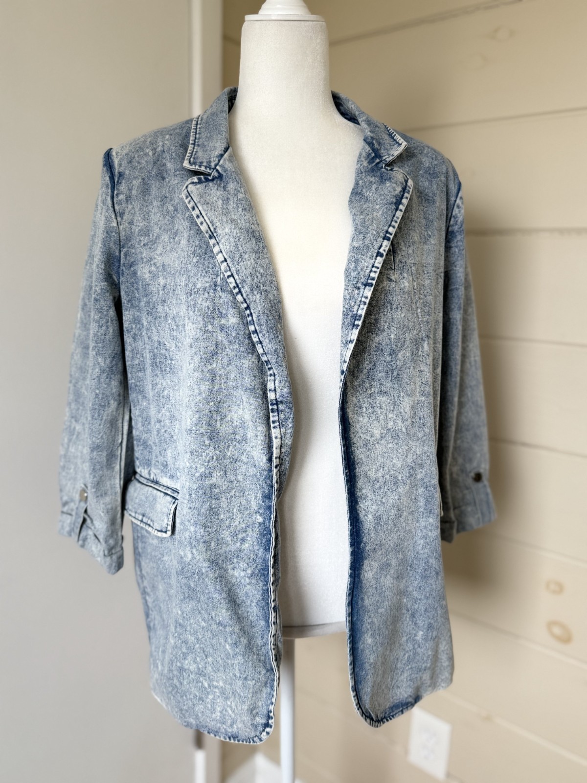 Entro Stretch Lightweight Denim Stonewashed Cotton Blazer Sz S Fitted Retro 80s