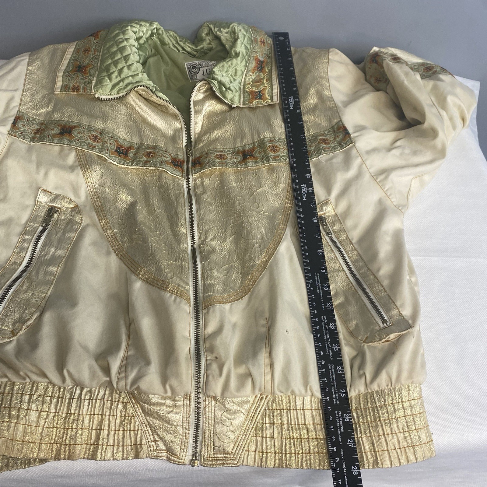 Vtg J. Gallery Puffer Jacket Coat Medium Beige Green Retro Bomber 80s Flaw
