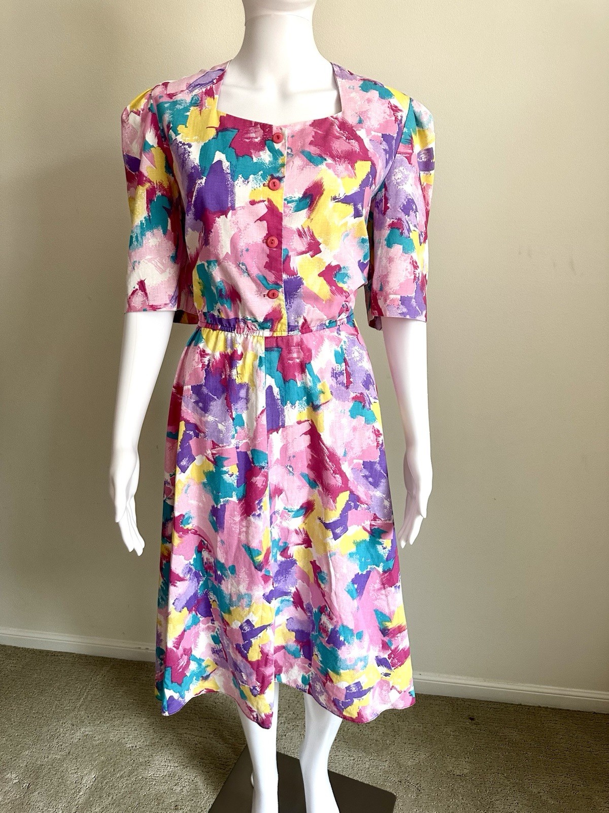 Vintage 80s Abstract Cotton The American Shirt Dress Sz 12 Memphis Short Sleeve