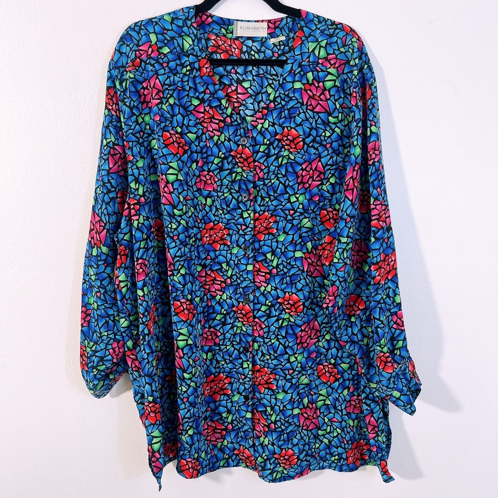 Y2K Elisabeth Liz Claiborne 22WP Vintage Stained Glass Mosaic Floral Blouse Blue