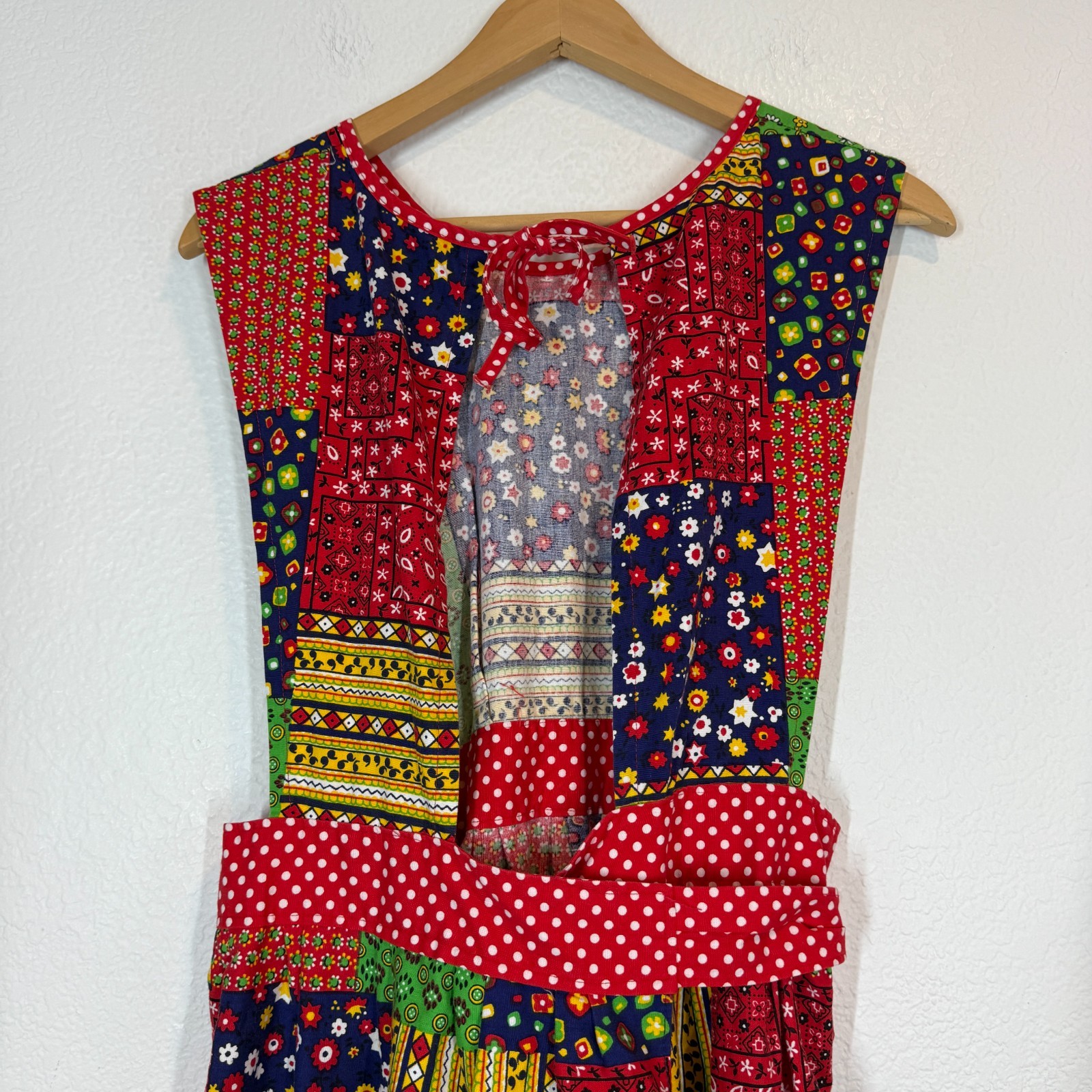 Vintage Design House Pinafore Dress 70s Red Green Patchwork Cottagecore Prairie