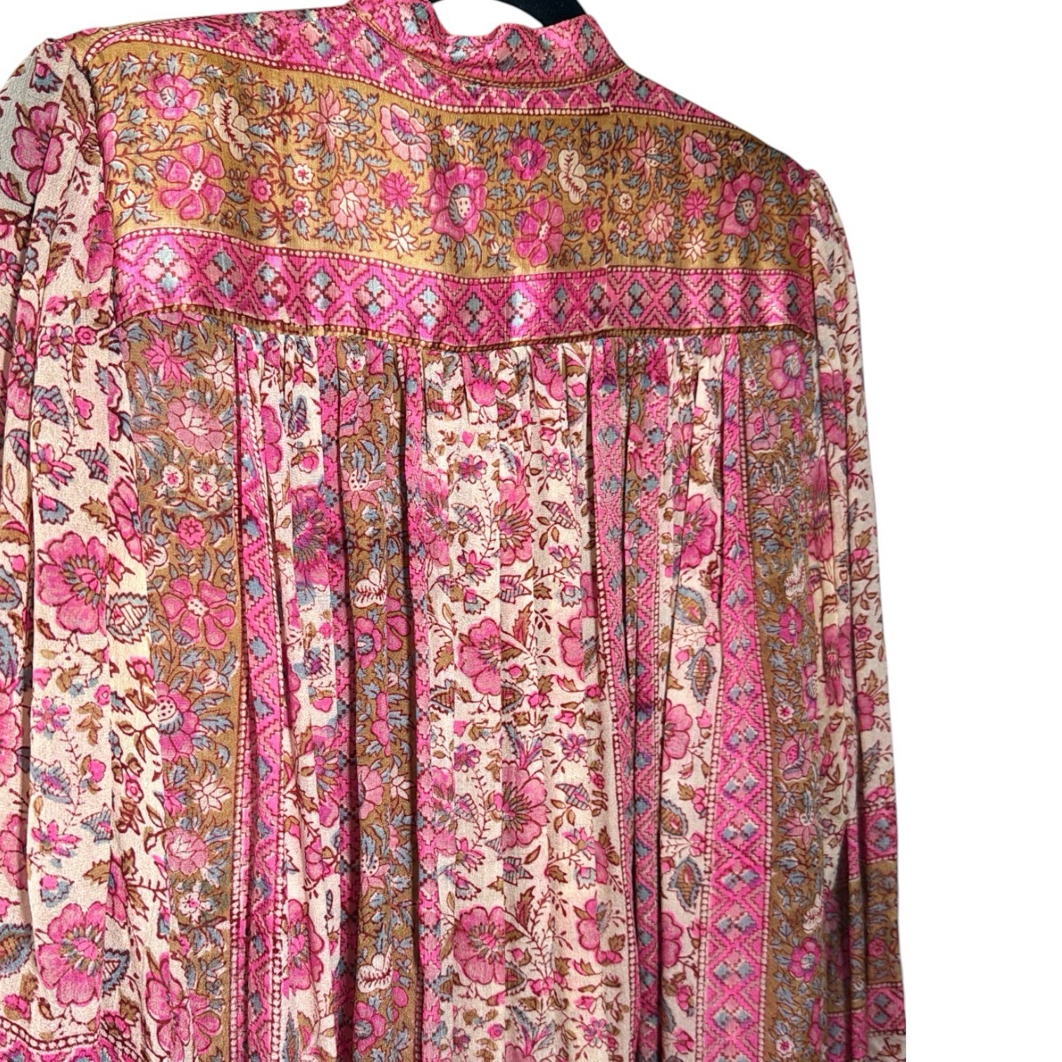 70s Vintage Ritu Kumar Judith Ann I Magnin Pink Silk Block Printed Boho Dress S