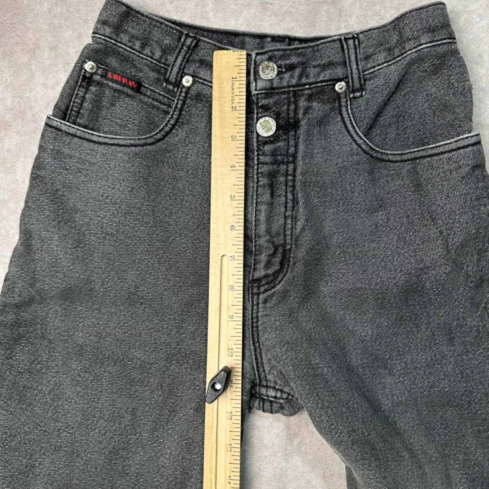 Vtg Lawman Western High Waisted Jeans Washed Black Straight Leg 24″ Hip Detail