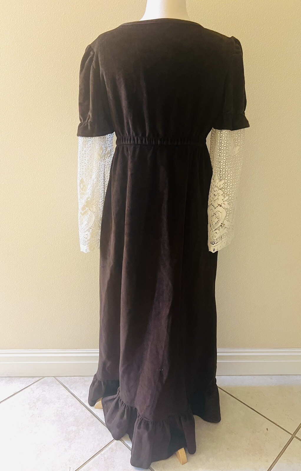 Terry Juniors VTG 70s Cottagecore Maxi Prairie Brown Bell Lace Sleeves Dress